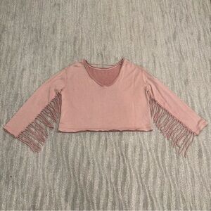 Free People Pink Boho Oversized Fringe Sleeve V-Neck Top Women’s Sz L